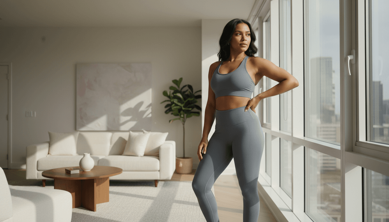 Confident woman in premium high-support activewear standing by bright windows in modern minimalist apartment, embodying strength and sophisticated athletic style