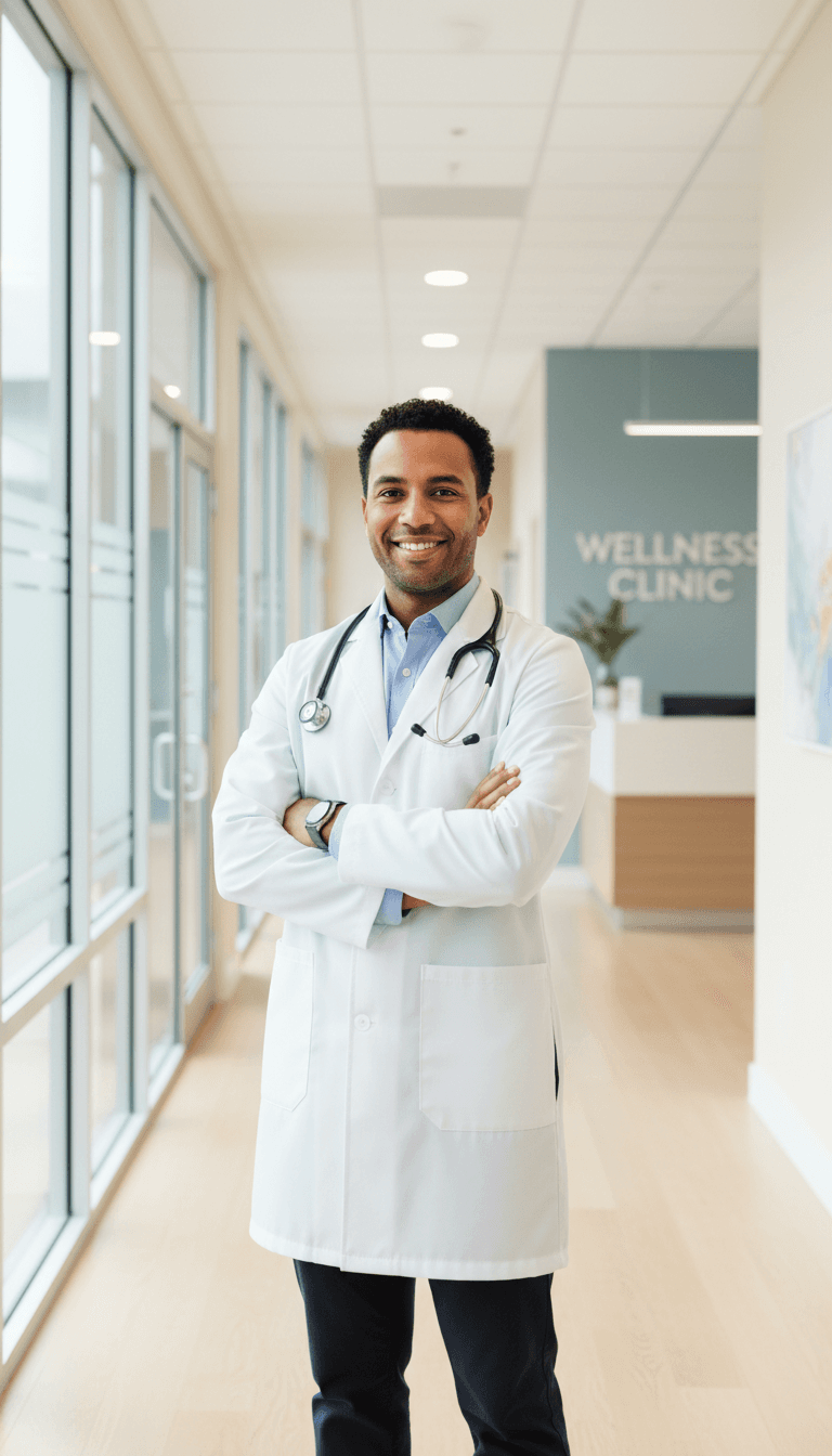 Professional healthcare provider in white coat standing confidently in modern clinic hallway environment