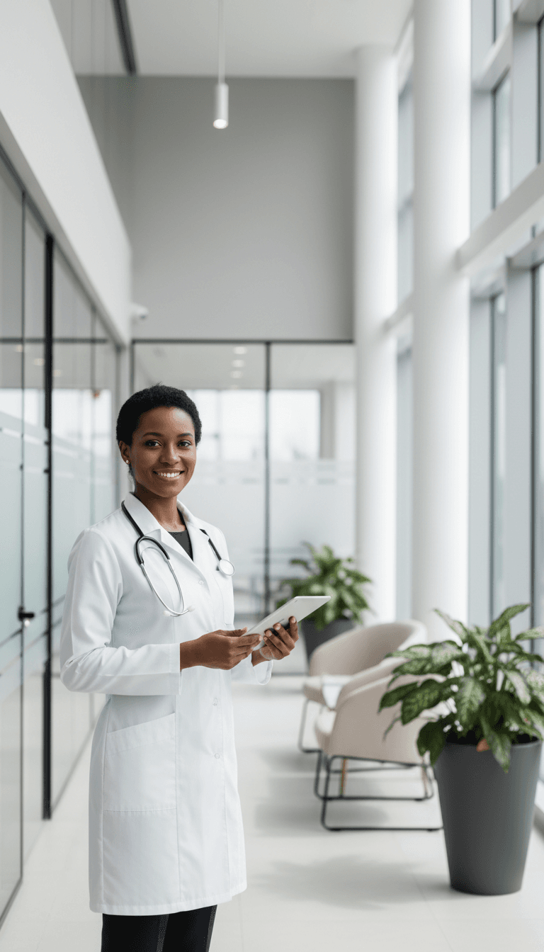 Female healthcare professional in white coat with stethoscope smiling in bright modern clinic hallway